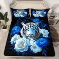 thumbnail image 2 of Feelyou Jungle White Tiger Queen Sheet Sets, Blue Rose Flower Flat Sheet, Couple Lover Men Women Queen Fitted Sheet, Microfiber Bedroom Decor, 4-Piece, 2 of 7