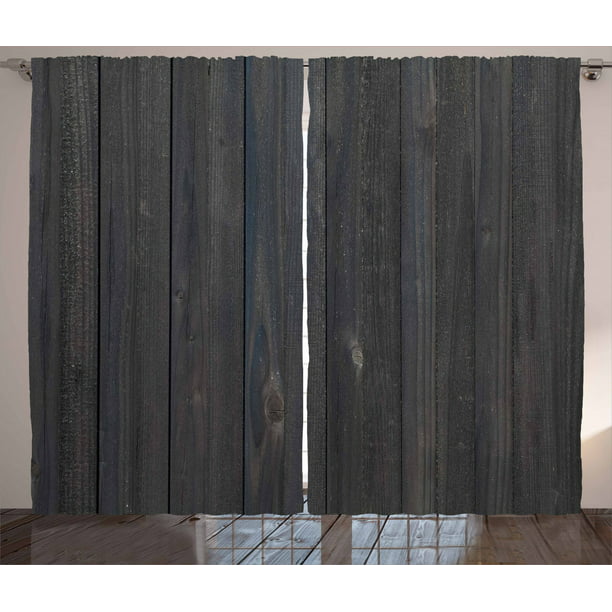 Dark Grey Curtains 2 Panels Set Wood Fence Texture Image Rough Rustic Weathered Surface Timber Oak