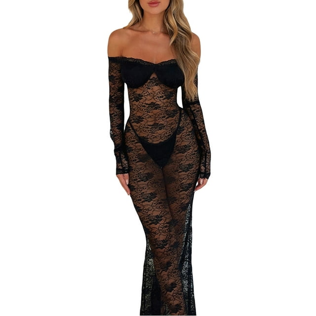 Pudcoco Robe Longue Mince des Femmes Fleur de Dentelle Transparente Voir à Travers Robe à Manches Longues pour le Printemps Été