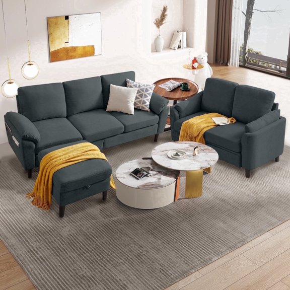 Soscana Living Room Furniture Set, 3 Seater Sectional Sofa with Storage Ottoman and Loveseat, Modern Sofa Couch Love Seat for Living Room Apartment Studio Office