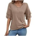thumbnail image 2 of Womens T Shirts Summer Tops 2025 Solid Color V-Neck Double Layer Flared Mid Sleeve Loose Tees Tshirts Shirts for Women, 2 of 5