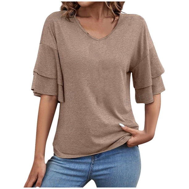 Camiseta de verano lisa con cuello en V y manga acampanada de doble capa para mujer - Blusa informal de corte holgado