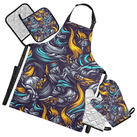 5 Pcs Kitchen Set Heat Resistant Oven Mitts and Non-Slip Pot Holders with Adjustable Cooking Apron Fierce Fire and Smoke