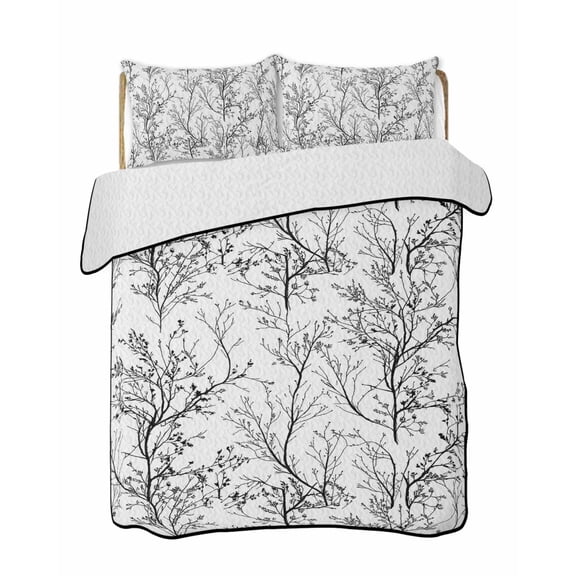 Quilts Queen Size Bedding Set, Black White Botanical Lightweight Quilted Comforter, Vintage Floral Plants Branch Soft Reversible Bedspread Coverlet with Pillow Covers for All Season, 90" x 96"