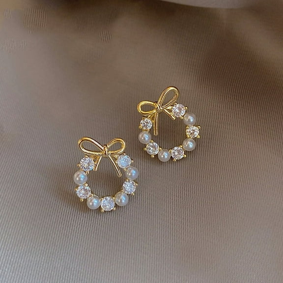 Elegant Trendy Wreath Bow Stud Earrings For Women Imitation Pearls Jewelry Gift