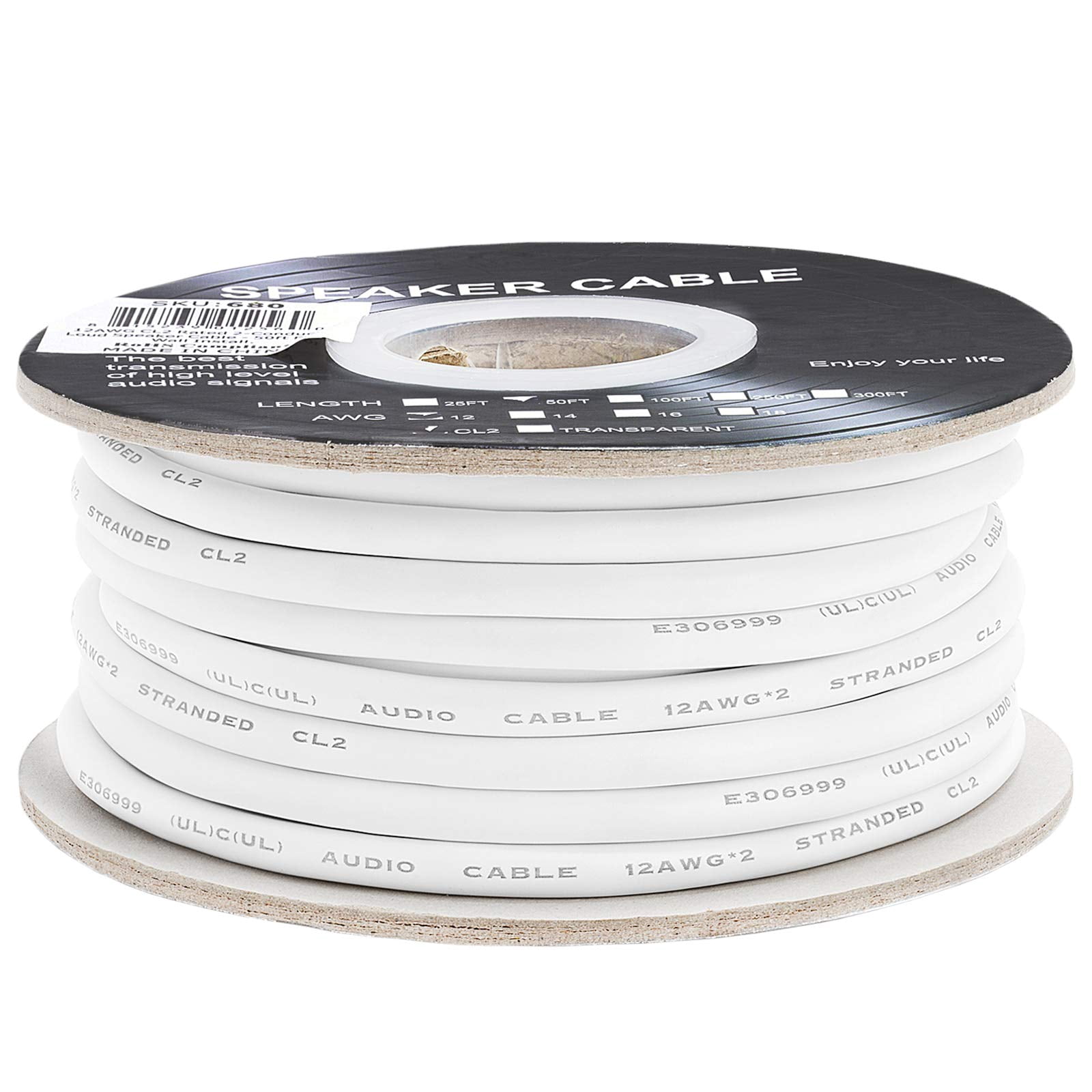 Cmple - 50FT 12AWG Speaker Wire Cable with 2 Conductor Speaker Cable (CCA) Copper Clad Aluminum CL2 Rated In-Wall Speaker Wire for Home Theater & Car Audio - 50 Feet, White
