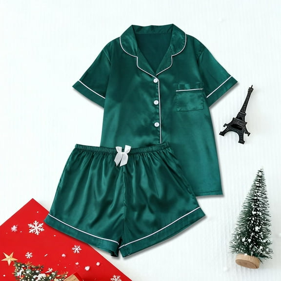 PNTUTB Women's Solid Color Collared Short Sleeve Pocket Top with Elastic Waist Shorts Casual Comfort Pajama Set