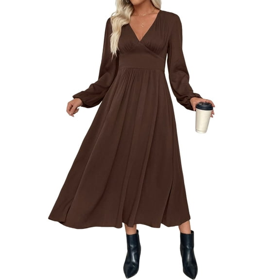 Pleated Satin Bridesmaid Dress V-Neck Long Sleeve Maxi Dresses for Women Brown L