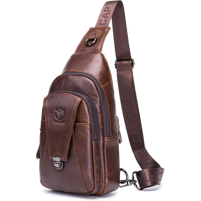 BULLCAPTAIN Leather Sling Bag for Men Multi-pocket Crossbody Chest Bag Travel Casual Shoulder Backpack