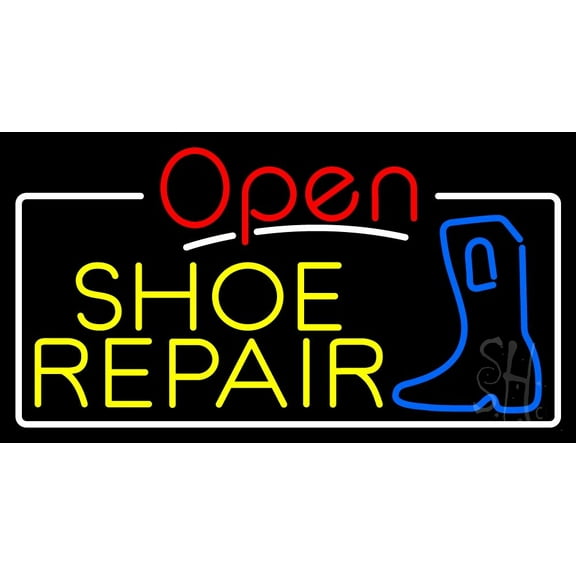 Yellow Shoe Repair Open White Border LED Neon Sign 13 x 24 - inches, Black Square Cut Acrylic Backing, with Dimmer - Bright and Premium built indoor LED Neon Sign for store interior Décor, Storefront.