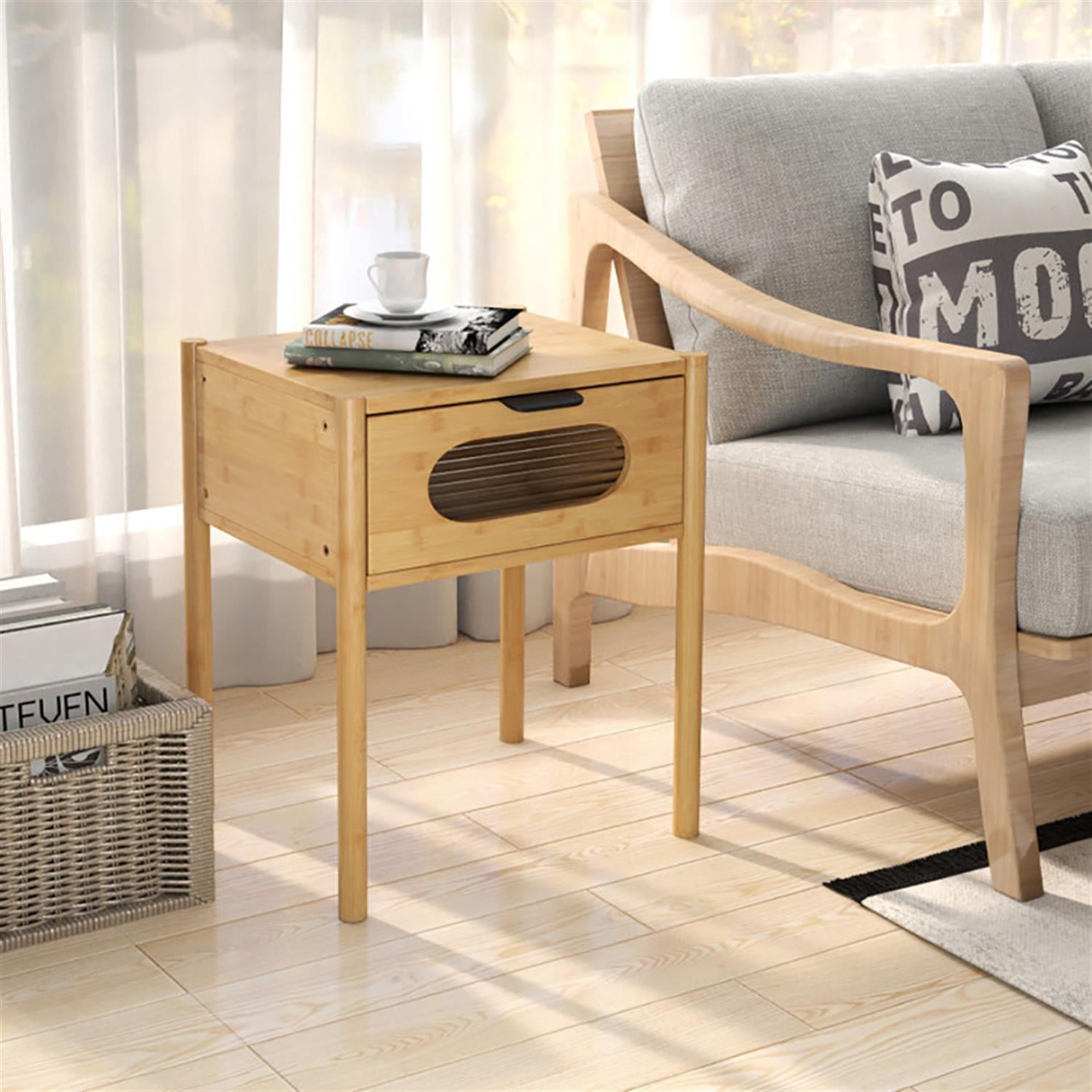 Demi Bonn Modern Bamboo Nightstand with Decorated Drawer, Small Night Stand Square Tall End Table Side Furniture, Storage Organizer for Bedroom, Beige