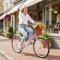 thumbnail image 4 of Costway 24-Inch Beach Cruiser Bike with Adjustable Seat, Woven Basket & Rear Rack for City Pink, 4 of 9