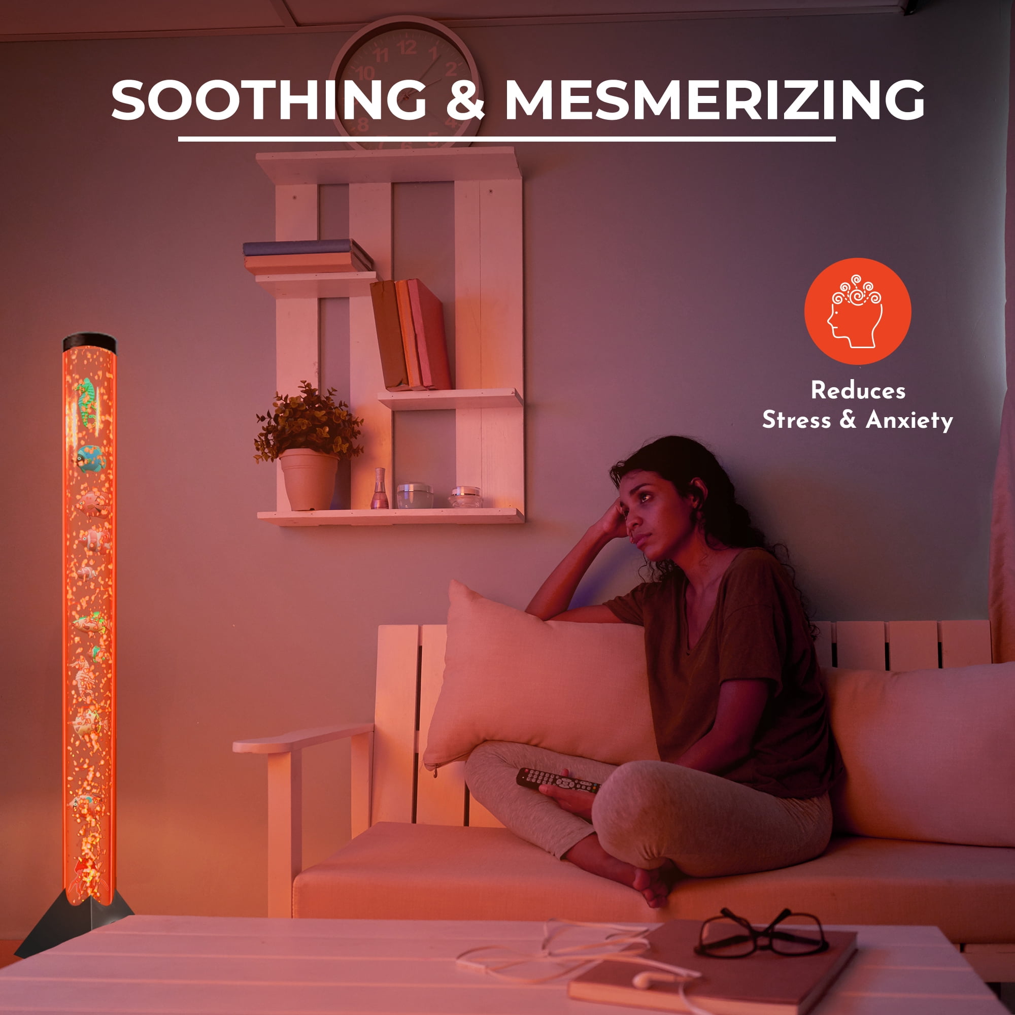 Brewish 4FT Sensory LED Water Bubble Tube Lamp with 16 Color Changing Night Light Effects, Fake Aquarium Tank & Gift for Kids, Autism, Remote Control & 12 Fishes