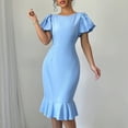 thumbnail image 2 of Uaswgudfs Women's Short Sleeve Fitted Midi Dress - Summer Casual Ruffled Hem & Pleated Accents, Knee-Length Style Sky Blue XL, 2 of 9