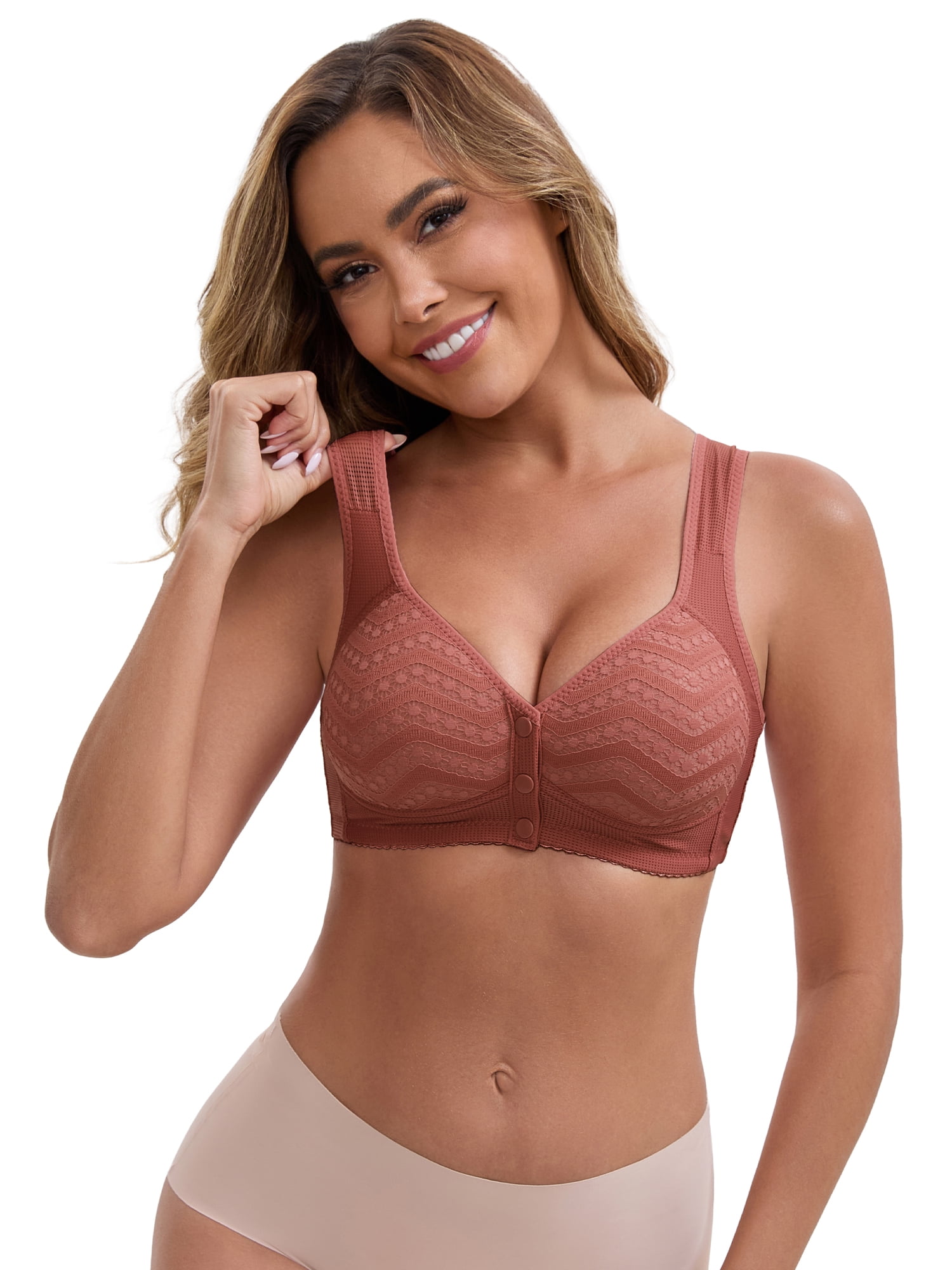 DARING DIVA Women's Lace Front Closure Push Up Wide Strap Bra XXL Dark Pink
