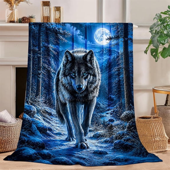 Soft Fleece Throw Blanket Realistic Wolf in Moonlit Snowy Winter Forest Print Cozy Warm Lightweight Blanket for Couch Bedroom Office 30x40 inches