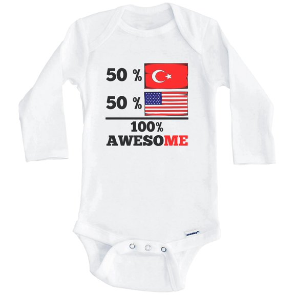 50% Turkish 50% American 100% Awesome Funny Turkey Flag One Piece Baby Bodysuit (Long Sleeve), 0-3 Months White