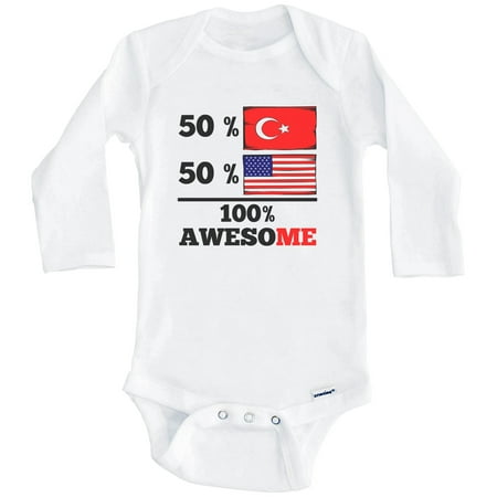 

50% Turkish 50% American 100% Awesome Funny Turkey Flag One Piece Baby Bodysuit (Long Sleeve) 3-6 Months White