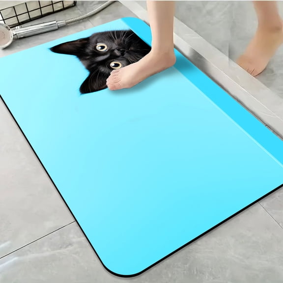 1pc Black Kitten on Blue Background Bathroom Rug Bathroom Decor and Accessories- Durable,Anti Slip,And Quick Drying,Suitable For Indoor/outdoor Use - Perfect For Bathrooms,Bedrooms,Kitchens