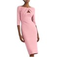 thumbnail image 2 of Xdegoge Midi Dress for Women Crewneck 3/4 Sleeve Slim Ruched Bodycon Pencil Dress Fashion Cocktail Party Wedding Guest Office Dresses with Chest Cutout, 2 of 7