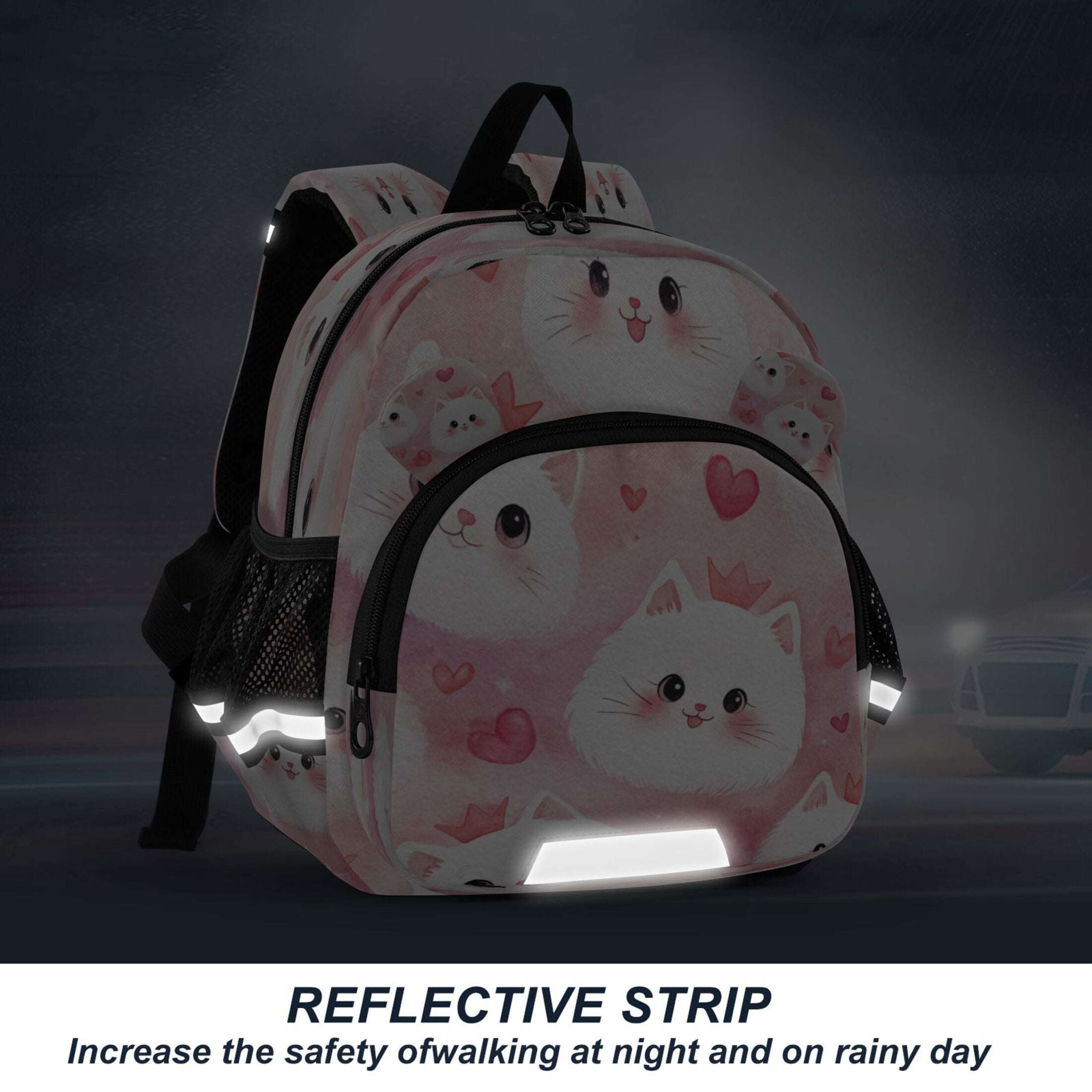 RMDQTR Adorable Ear-Print Backpack with Reflective Strip and Anti-Lost Leash Adjustable Shoulder Straps Mini Travel Backpack Cat Faces and Pink Hearts