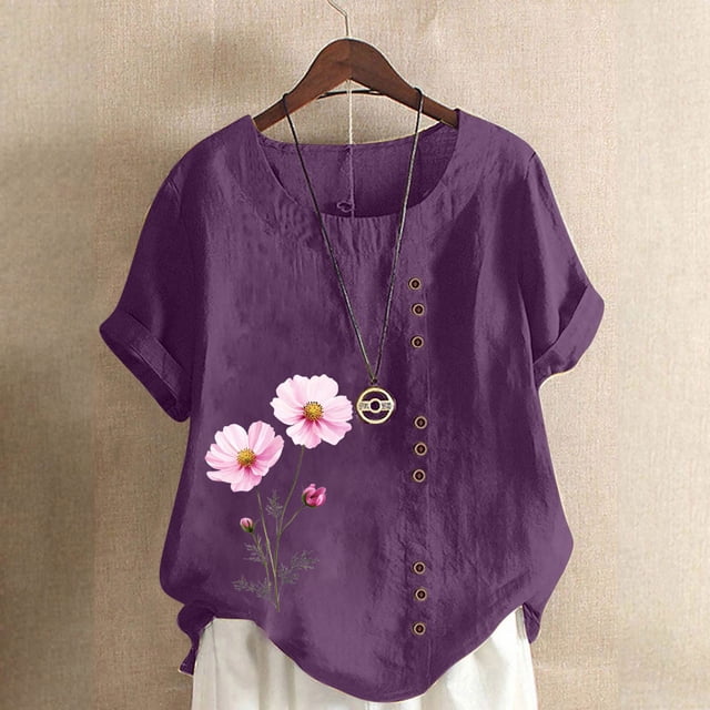 Lydiaunistar Hauts d'Été pour Femmes Blouse en Lin Décontractée Col Rond Polyester Mode Grande Taille Manches Courtes T-shirt à Boutons