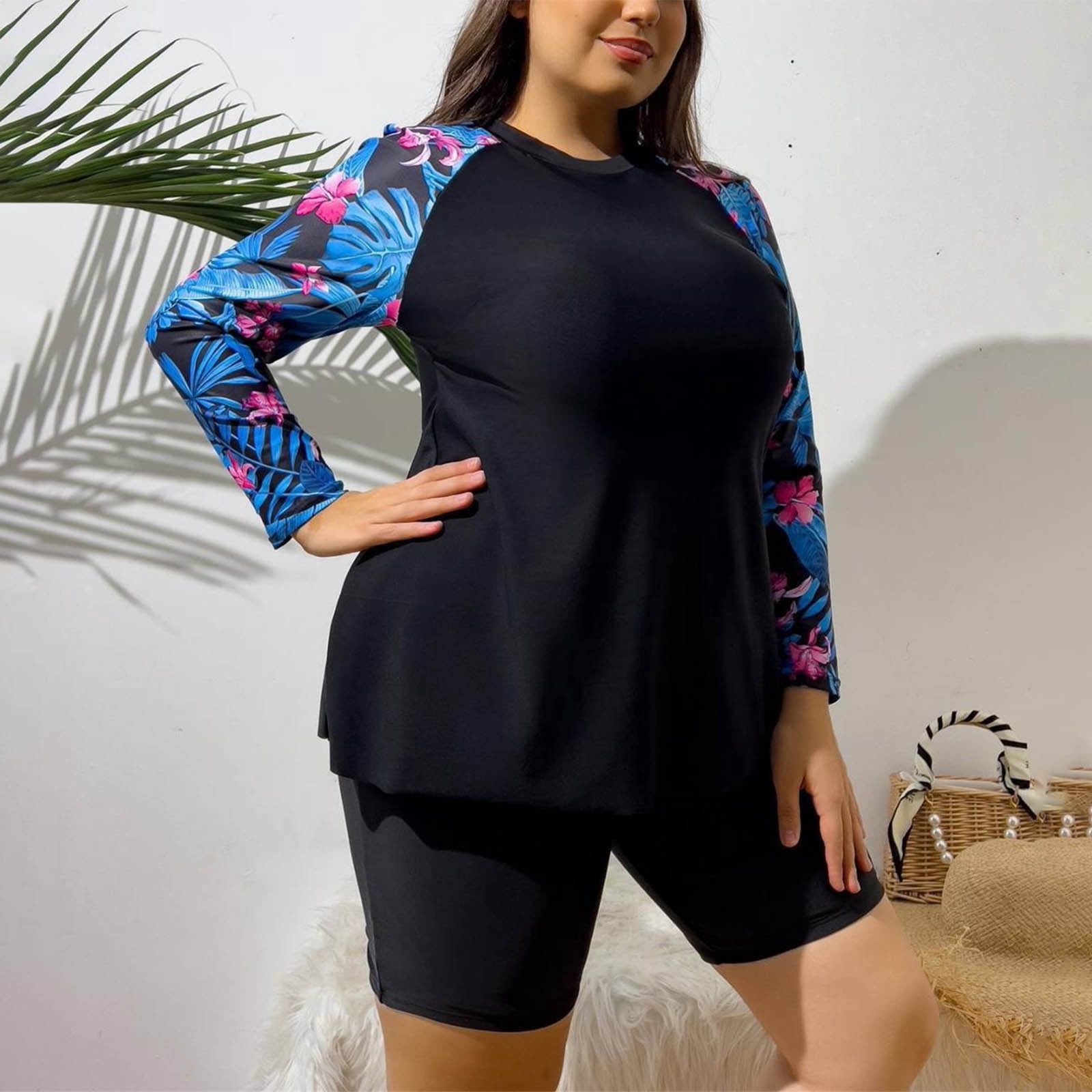 Oplxuo Women's Plus Size Two Piece Long Sleeve Swim Tops Bathing Suits with Shorts Printed Swim Shirts Surf Swimwear