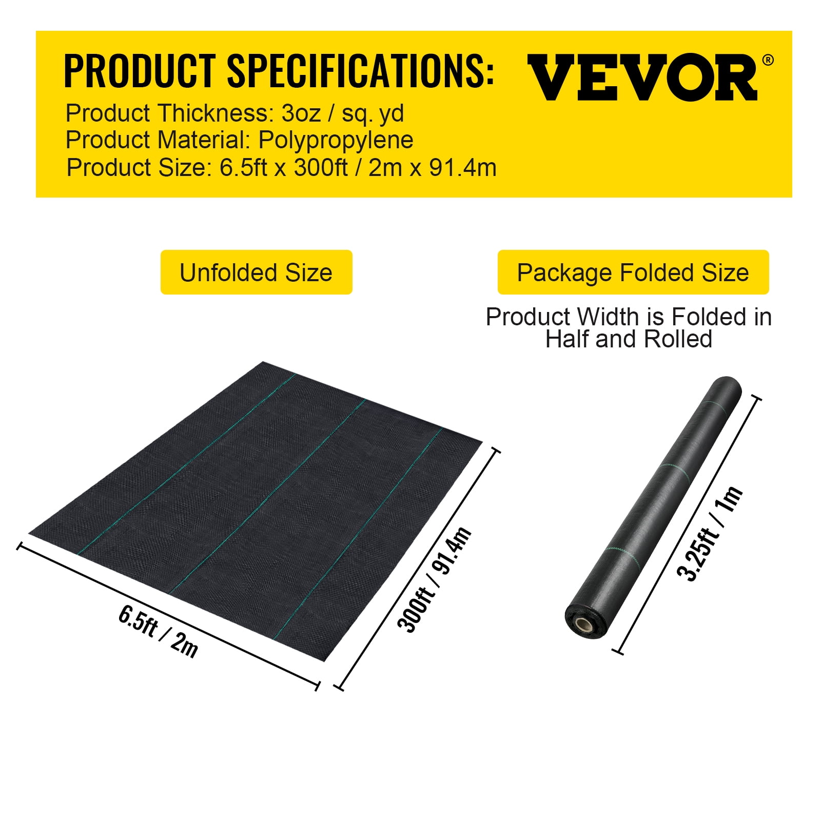 VEVOR 6.5 x 300 ft Heavy Duty Weed Barrier Fabric, 3.2 oz Woven Weed Control Fabric, Geotextile Fabric for Underlayment, Polyethylene Ground Cover