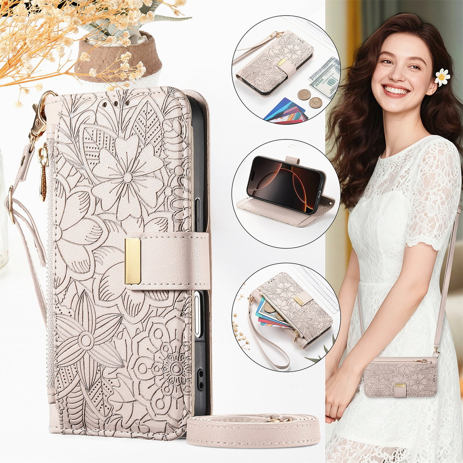 Crossbody For Samsung Galaxy S26 Ultra Wallet Case with RFID Blocking Card Holder,Magnetic Clasp Premium PU Leather Flip Kickstand Zipper Slot Handbag Women Shoulder/Wrist Strap Phone Case,Beige