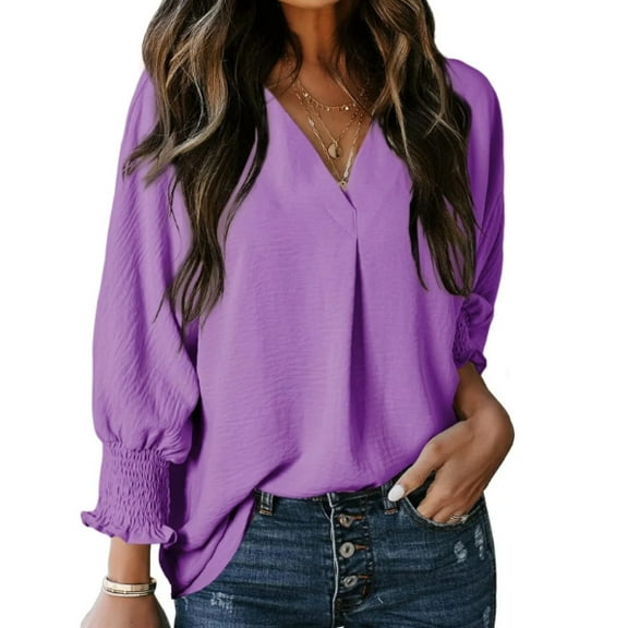 Women's Dressy Casual V Neck Batwing Sleeve Blouse - Loose Fit Smocked Cuff Fall Tops