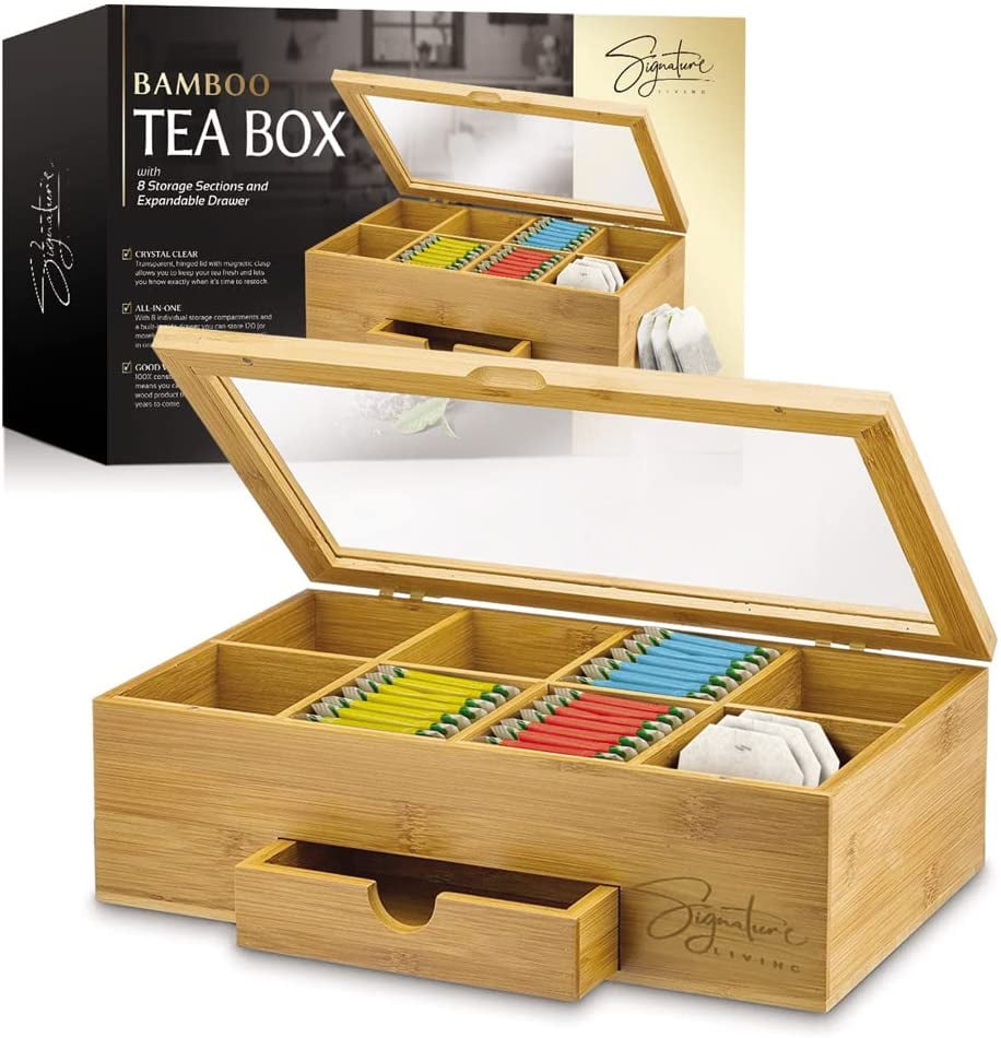 Zen Earth Inspired Bamboo Tea Organizer Box Chemical Free Eco-Friendly Big,  Tall, Adjustable Cubbies Natural Wooden Storage Chest (8-Slot 14.3 x 8.1  x 4.2 wi…
