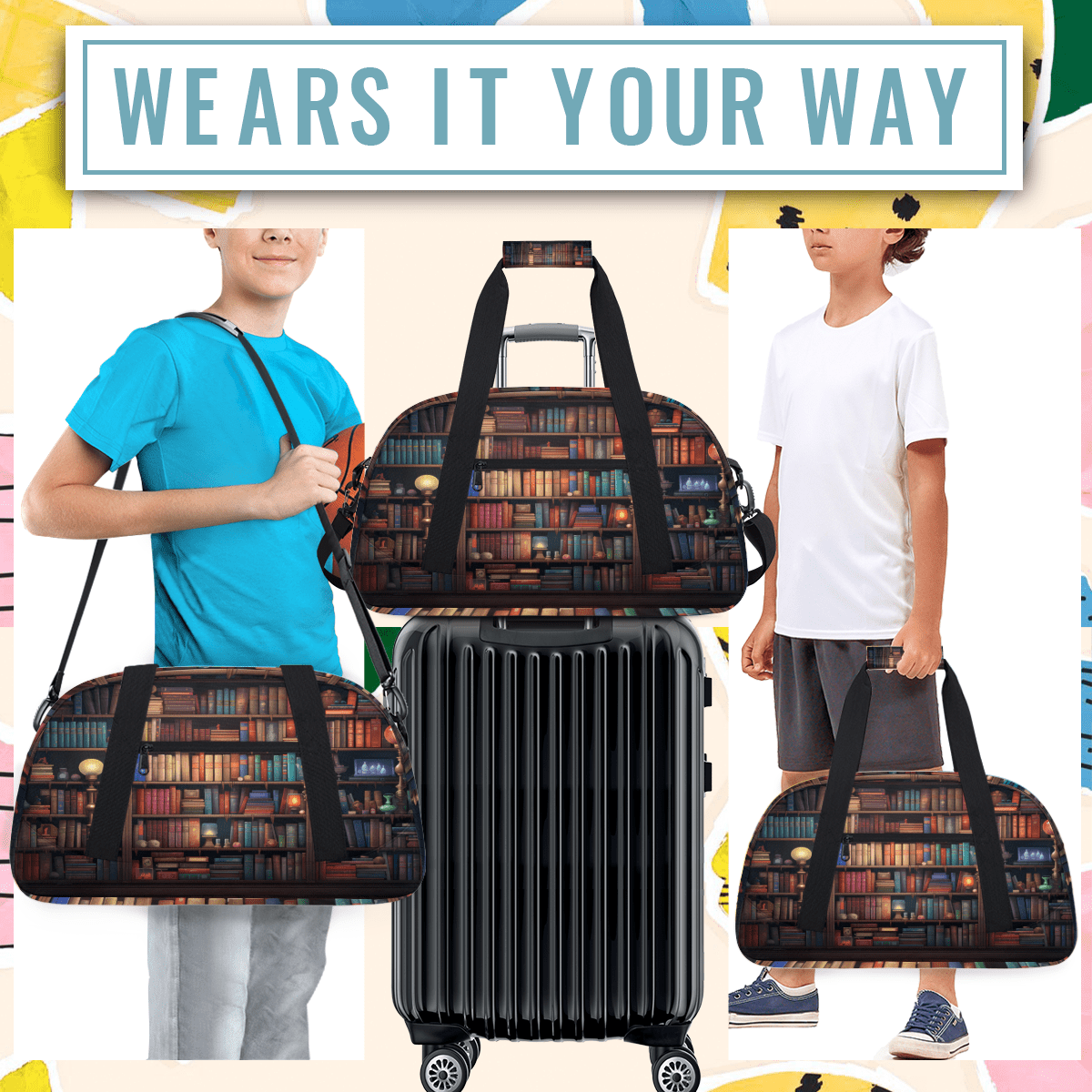 Herdesigns Library Sports Duffle Bag for Women & Men, Library Bookshelf Gym Bag Dance Bag Overnight Bag Carry On Weekender Travel Bag