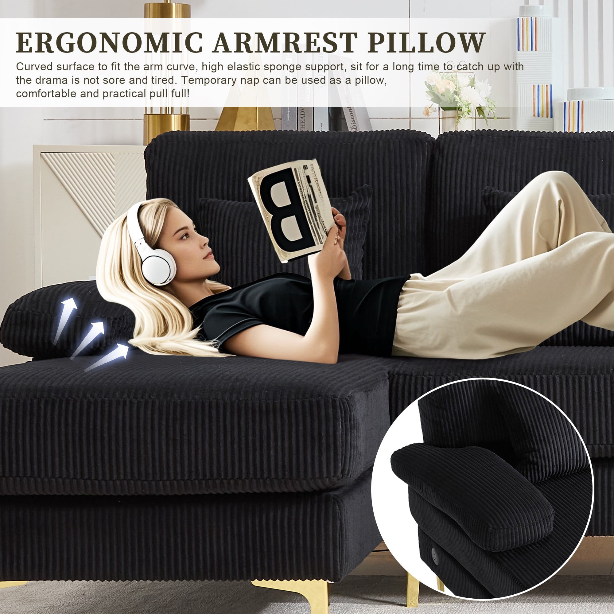 MOONMISS Corduroy Upholstered U-shaped Adjustable Light Modular Sectional Sofa With Type-C and USB ports-Black