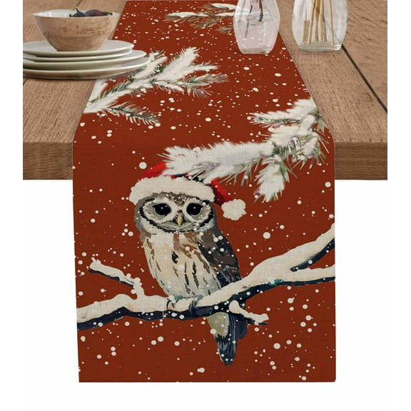 Red Owl Christmas Burlap-Cotton Table Runner 72 Inches Long,Xmas Snowflake Botanical Vintage Farmhouse Table Runners,Outdoor Dining Tablecloths Decor for Baby Shower Party Wedding 14x72