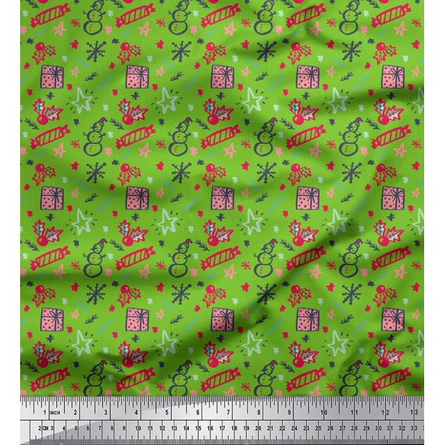 Soimoi Green Georgette Viscose Fabric Snowman,Candies & Gift Box Christmas Print Sewing Fabric Yard 42 Inch Wide