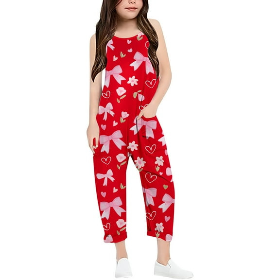 Aocisk Girls Romper Printed Casual V Suspender Solid Color Loose with Pocket Spring Summer Casual Girls Pants Red 9-10 Years