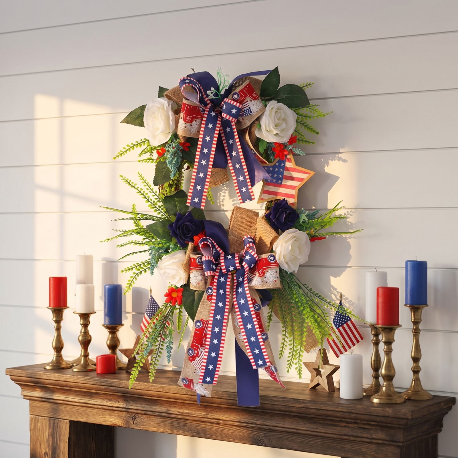 2026 Patriotic Wreath for Front Door, Simulation Flower Circle Door Hanging Wreath Double Bow Craft for Independence Day Courtyard Party Wall Decor