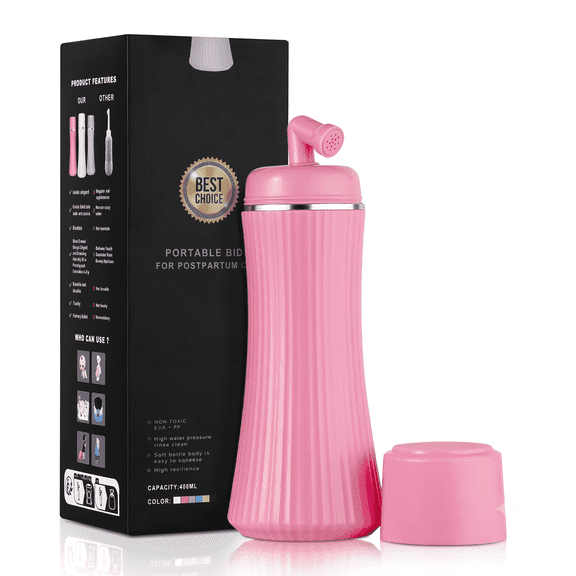 Totalize Portable Travel Bidet with 12-Hole Nozzle, 3 Leak-Proof Seals, 360° Rotating Retractable Sprayer, 400mL Handheld Peri Bottle for Personal Hygiene, Travel, Postpartum Care (Pink)