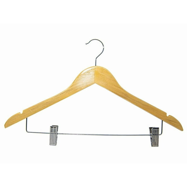 Gancho Triangular DE Madera para Ropa, Sacos, Faldas O Pantalon Color Maple con Pinzas METALICAS | 10 PZAS.