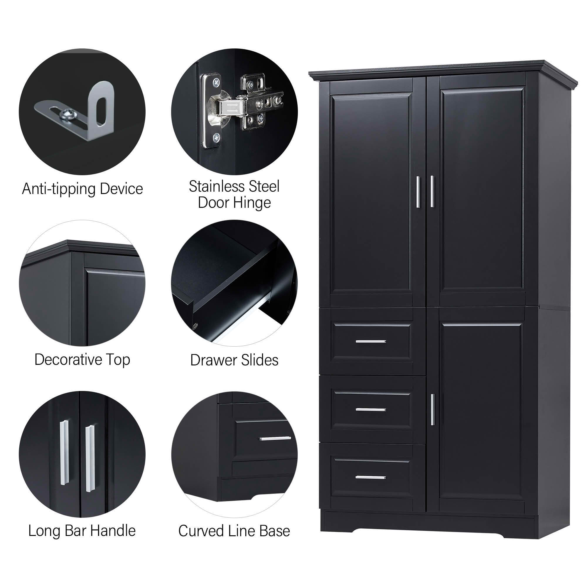 MAYEERTY Tall Wide Storage Cabinet with Doors, 3 Drawers, Bathroom Office Use, Black