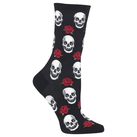 Hot Sox Womens Skull and Roses Crew Socks, Womens Shoe Size 4-10.5, Black