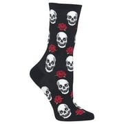 Hot Sox Womens Skull and Roses Crew Socks, Womens Shoe Size 4-10.5, Black, Women