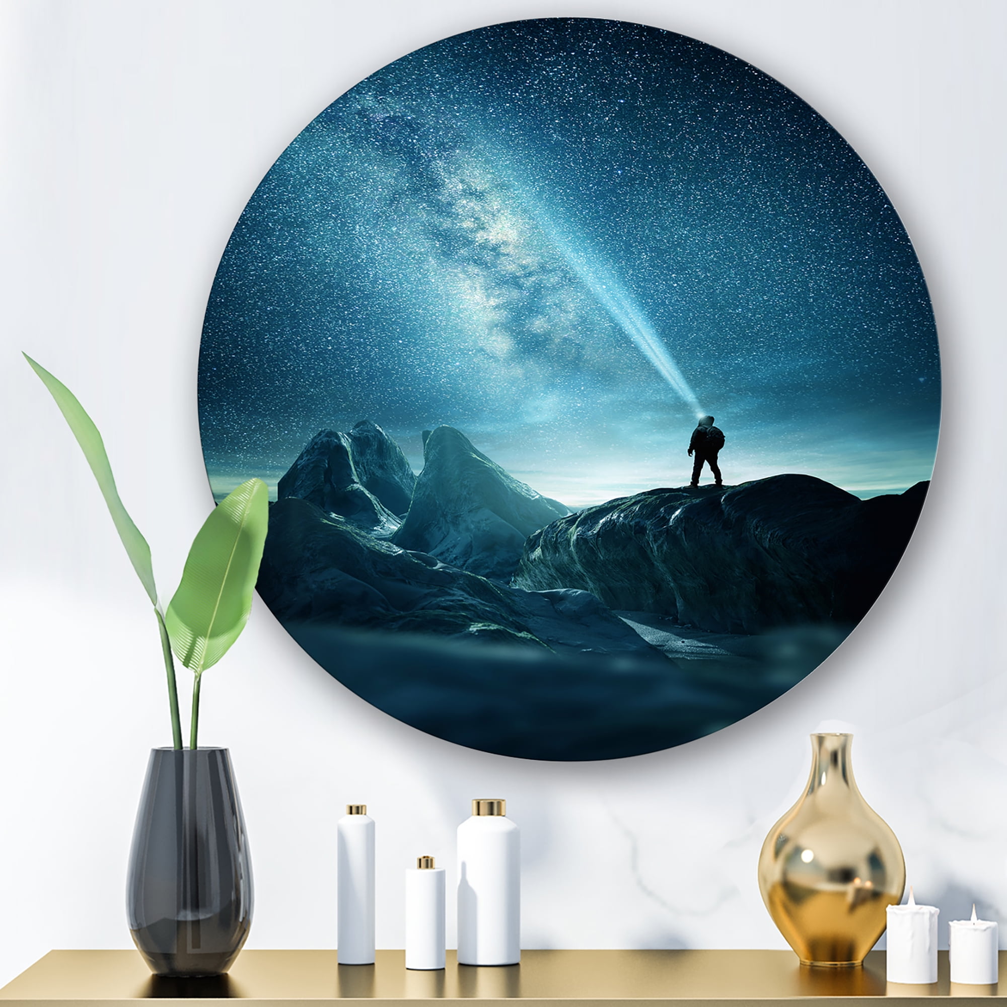 Designart 'A Light Shining by A Man Shining Into The Night Sky' Modern Circle Metal Wall Art 11x11 - Disc of 11
