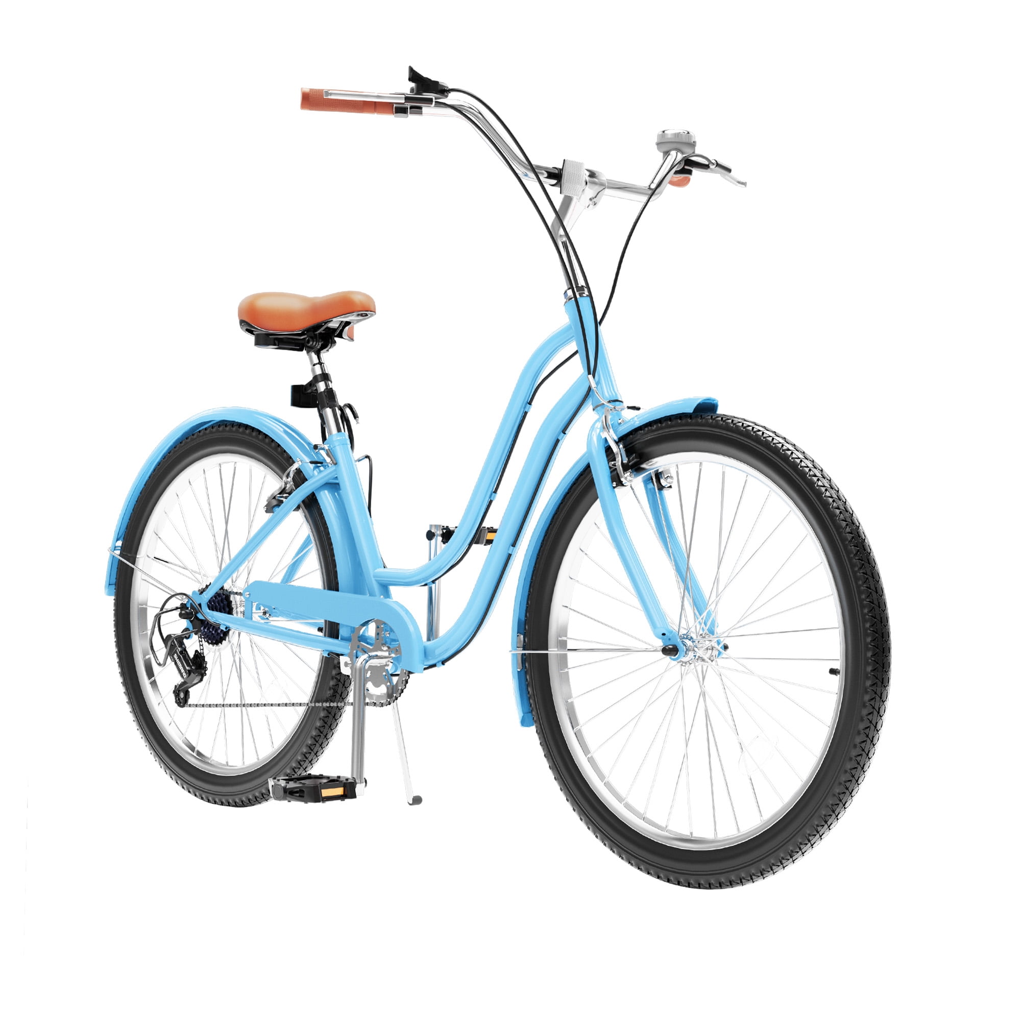 Uforic 26 Inch Beach Cruiser Bike, 7-Speed, Step-Through Bicycle for Men & Women, Steel Frame, Light Blue