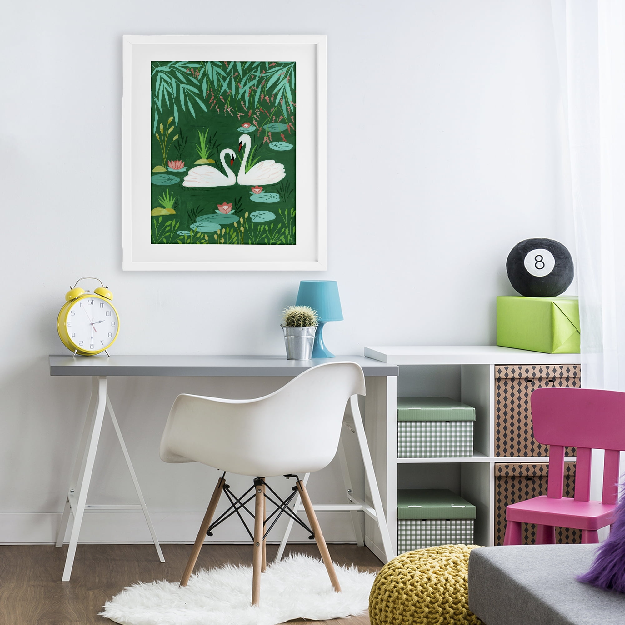 Swan Pair on Green Pond White Framed Print Under Glass, design by Nabeela Rumi