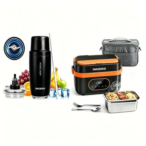INKBIRD 2-in-1 Portable Meal Bundle, Rechargeable Self-Heating Lunch Box with Phone Charger Function & Insulated Portable Blender Tumbler, Hot Meal & Fresh Smoothie Set for Office, Travel, Picnic, Ro