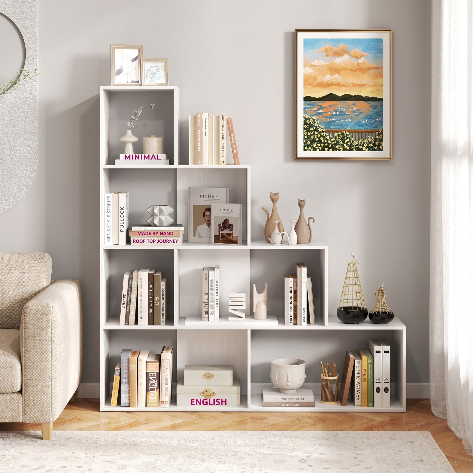 Furnibear 4-Tier Stair Bookshelf, Geometric Ladder Bookcase with 6 Open Cube Display Shelves, Freestanding Corner Storage Rack for Living Room Bedroom Home, White