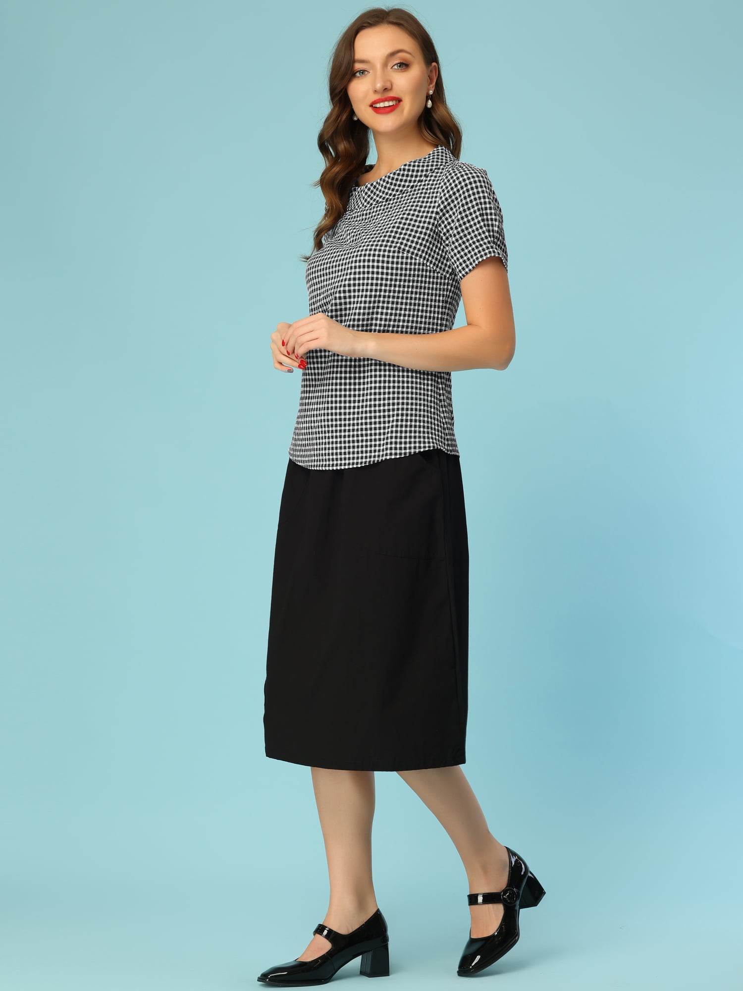 DARING DIVA Short Sleeve Casual Checked Top L Black