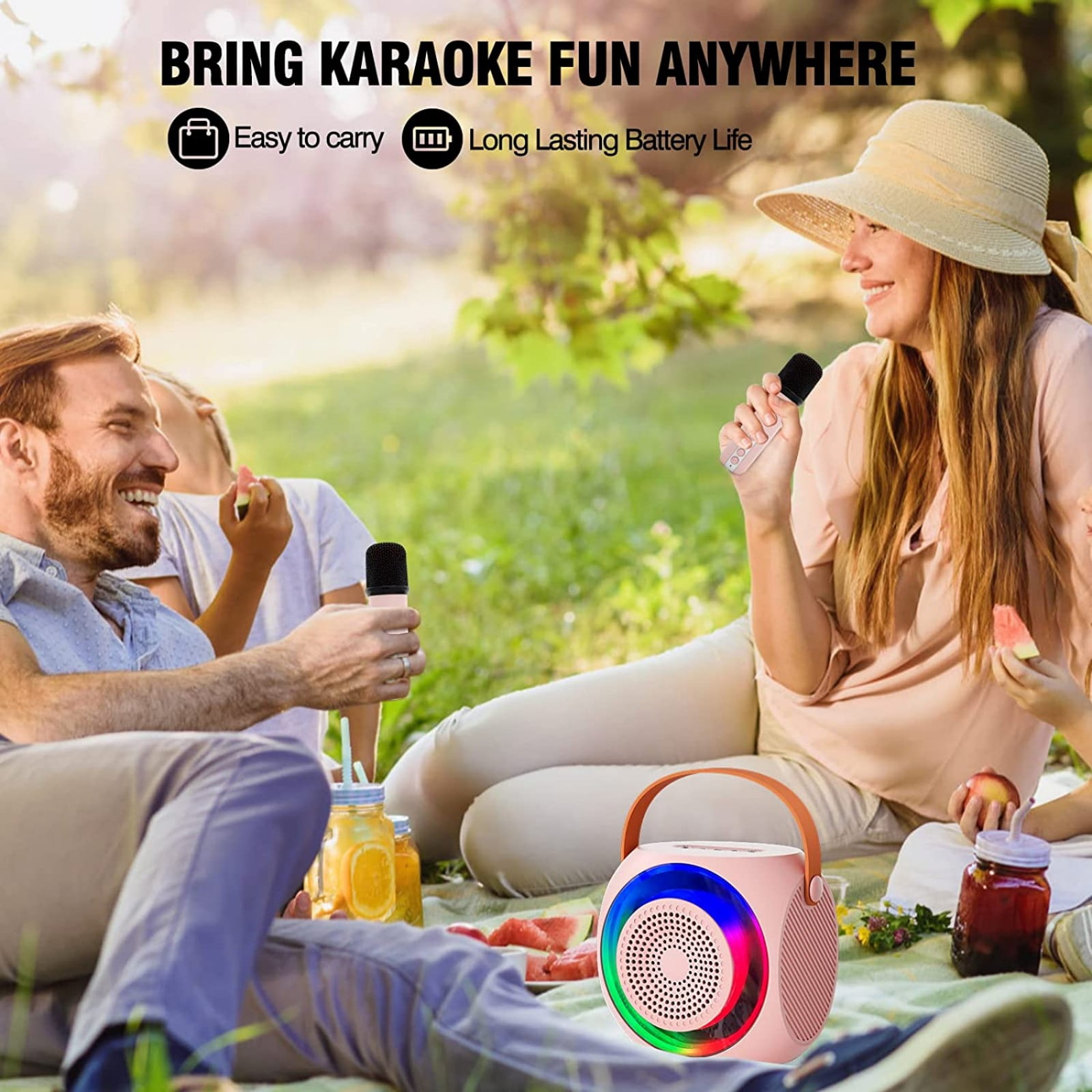 Mini Karaoke Machine, Portable Wireless Speaker with 2 Wireless Microphones, Compatible with Bluetooth-Enabled Devices, for Children and Adults, with LED Lights.-Pink