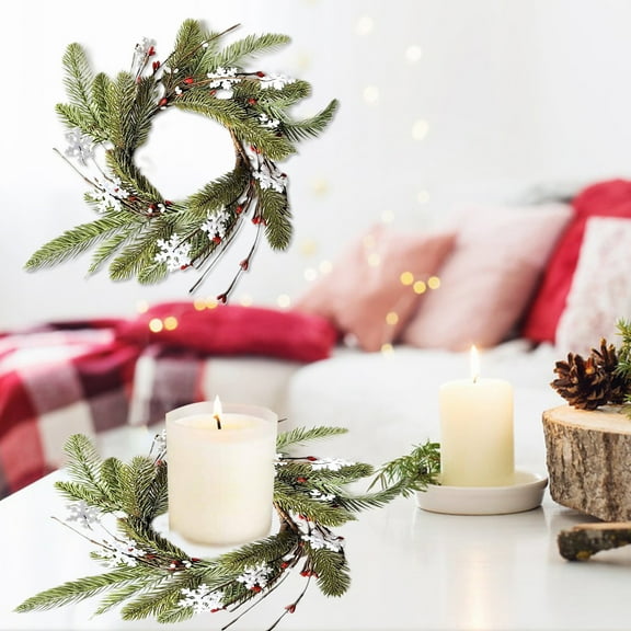 Christmas Candle Rings, Holiday Candle Wreaths, Artificial Red Berries and Cedarwood Garland for Pillar Candles, Plastic Table Centerpiece and Front Door Decoration